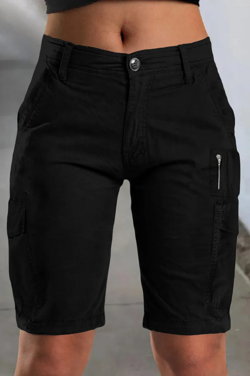 Solid Multi Pocket Mid Rise Bermuda Cargo Shorts
