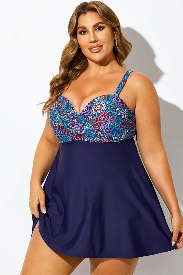 Plus Size Bohemian Multi Print V-Neck Swimdress