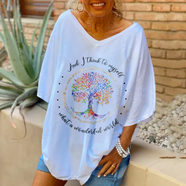 Oversized And I Think To Myself What A Wonderful World Printed Women Hippie T-shirt