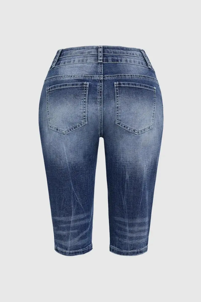 Wash Double Button Ripped High Rise Bermuda Denim Shorts