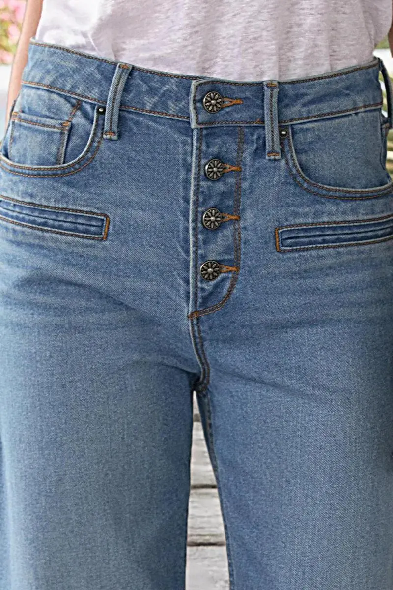 Button Fly Wide Leg Mid Rise Jeans Without Belt