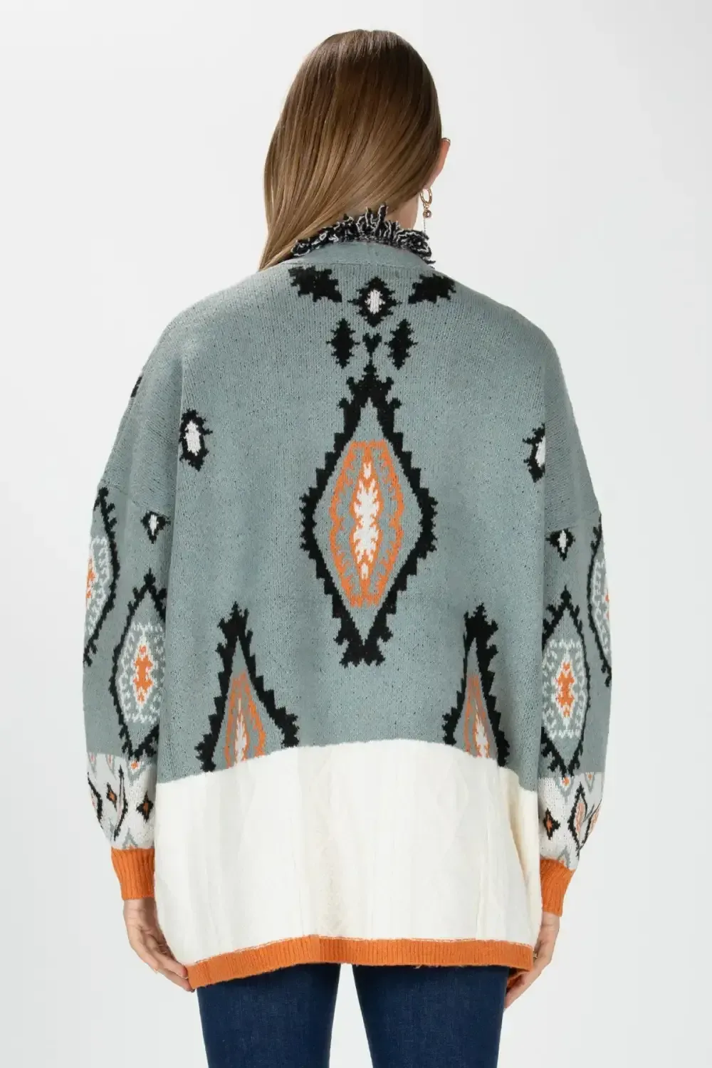 Sweater Block Open Front Aztec Cardigan