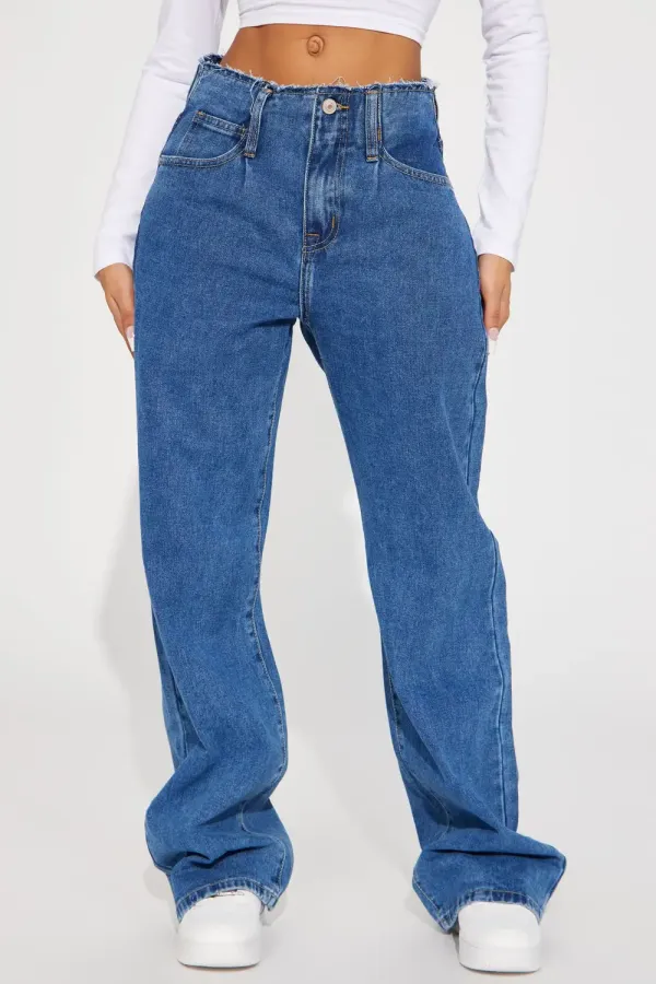 Uphill Cut Off Waistband Baggy Jeans - Medium Wash