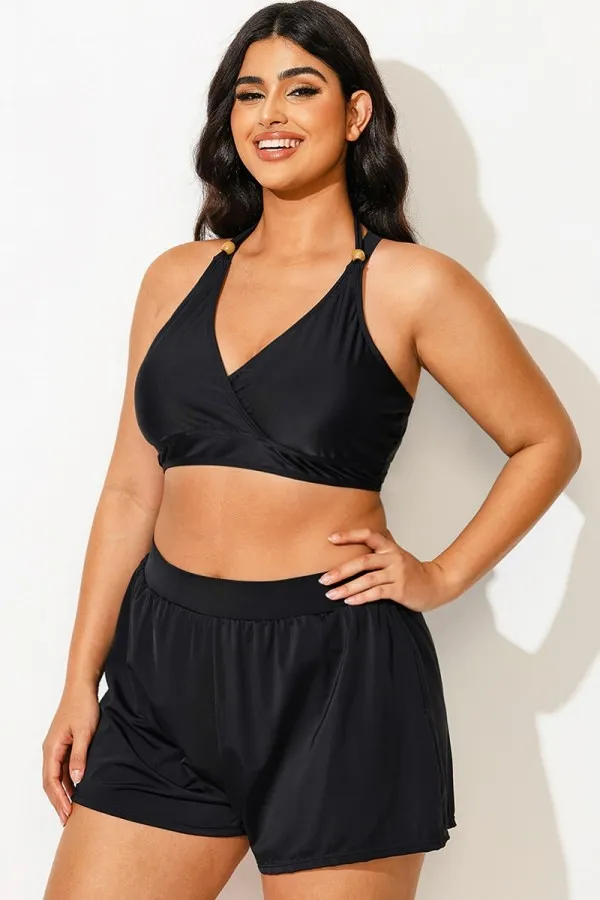 Plus Size Black V-Neck Crossback Bikini Top