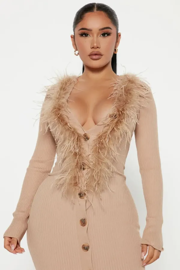 Casey Ribbed Feather Midi Dress - Taupe