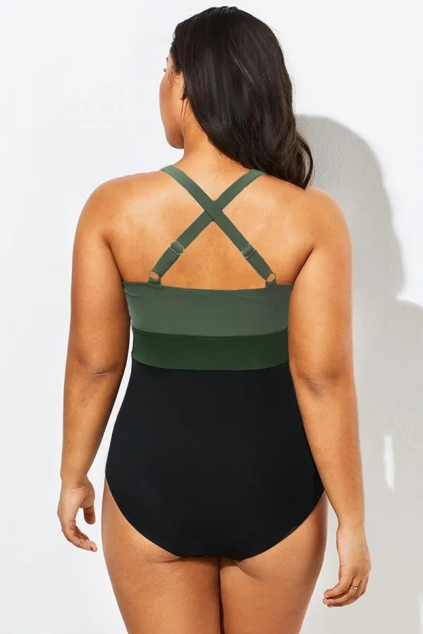 Green Contrast Twist Front Skinny One Piece Swimsuit