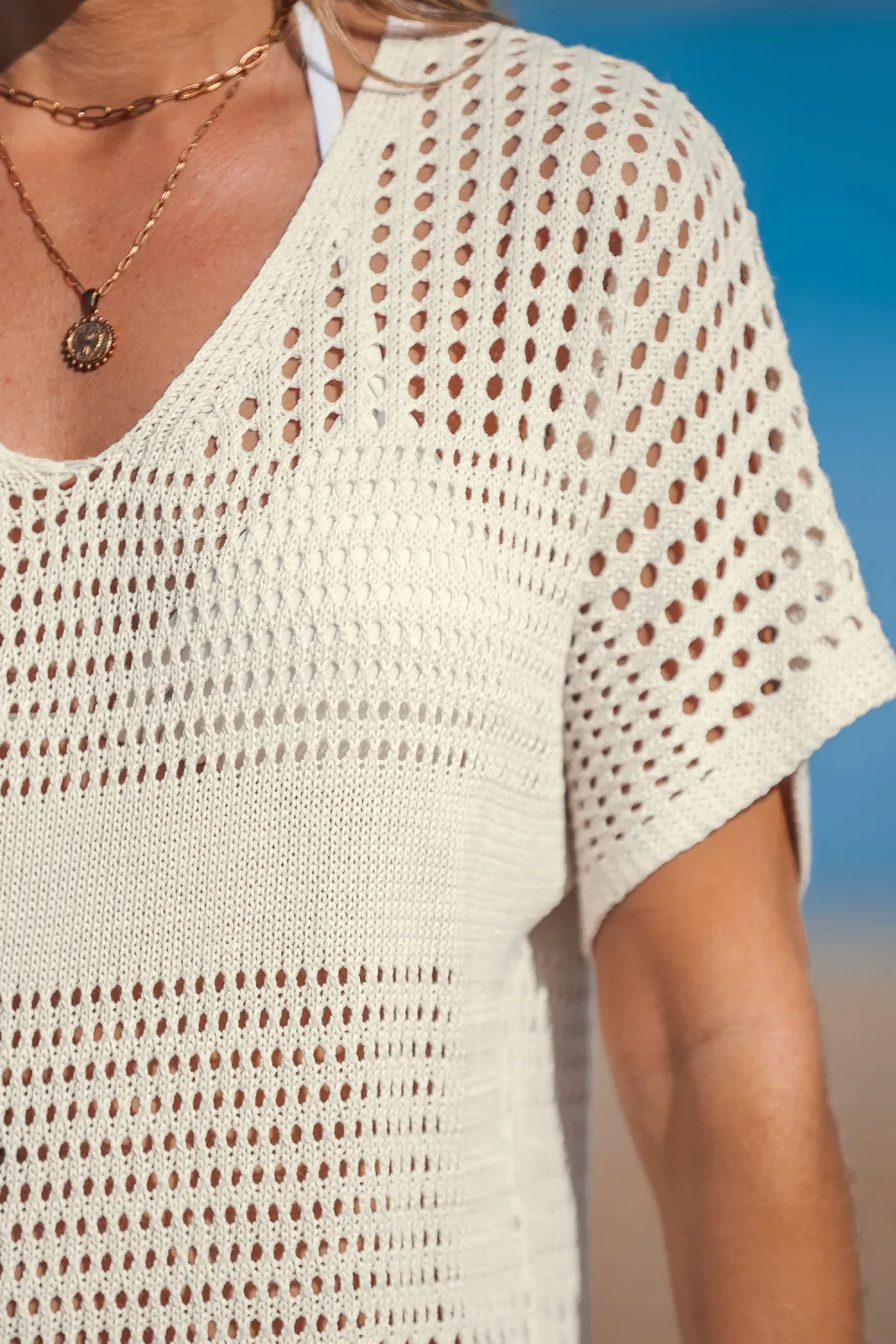 Beige Crochet Short Sleeve Cover-Up Mini Dress