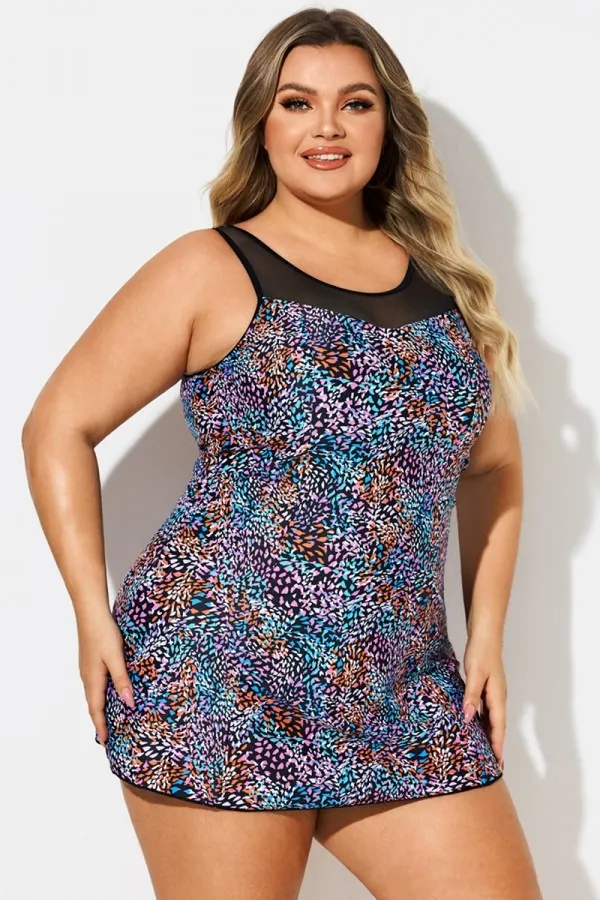 Multi Abstract Print Mesh High Neck Swimdress