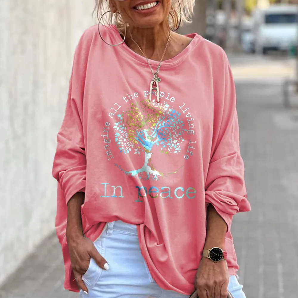 Imagine All The People Living Life In Peace Printed Hippie Women's T-shirt