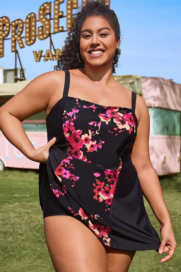 Floral Print Adjustable Wide Strap Swimdress