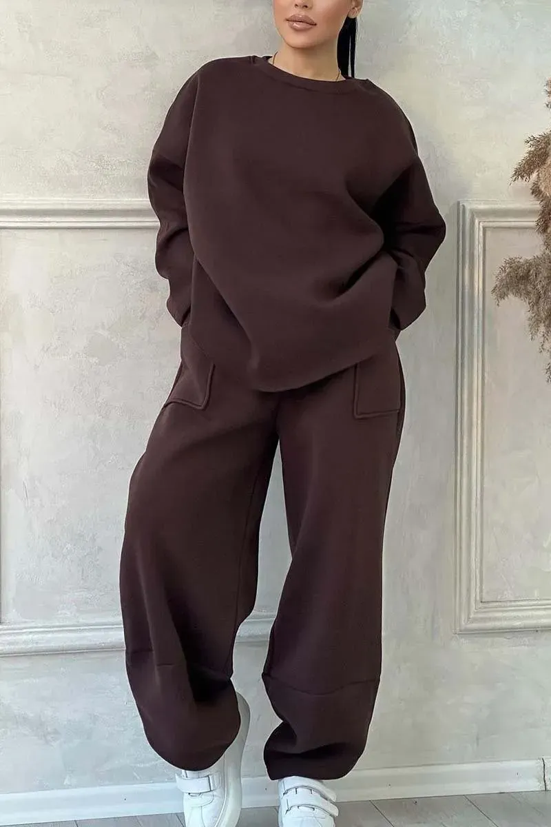 Women's Casual Solid Color Round Neck Long Sleeve Sweatshirt Sports Suit