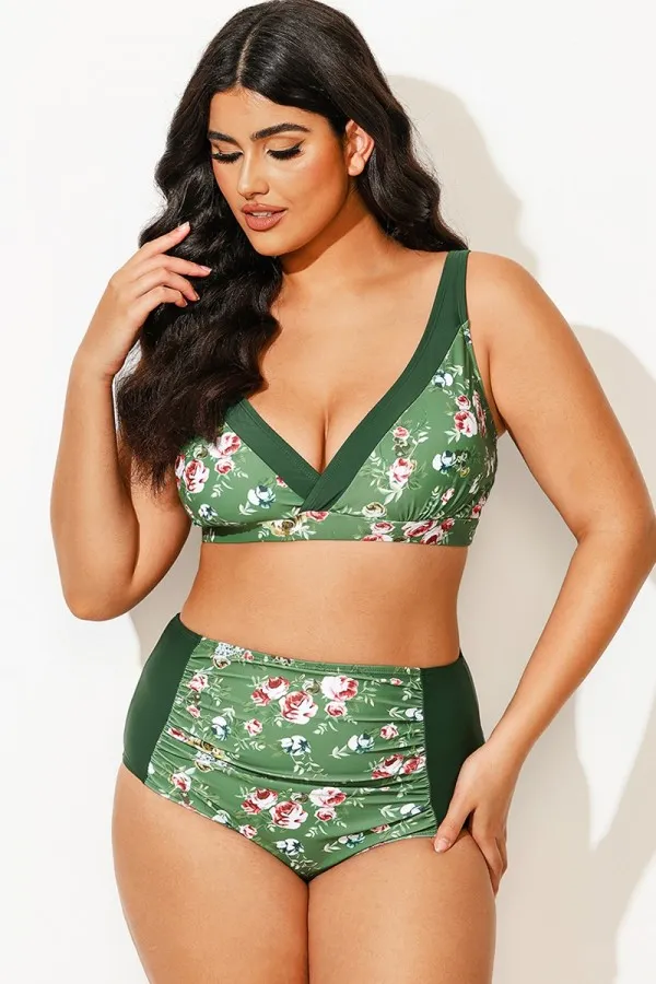 Army Green Flower Printed Women V-neck Fashionable Bikini Top