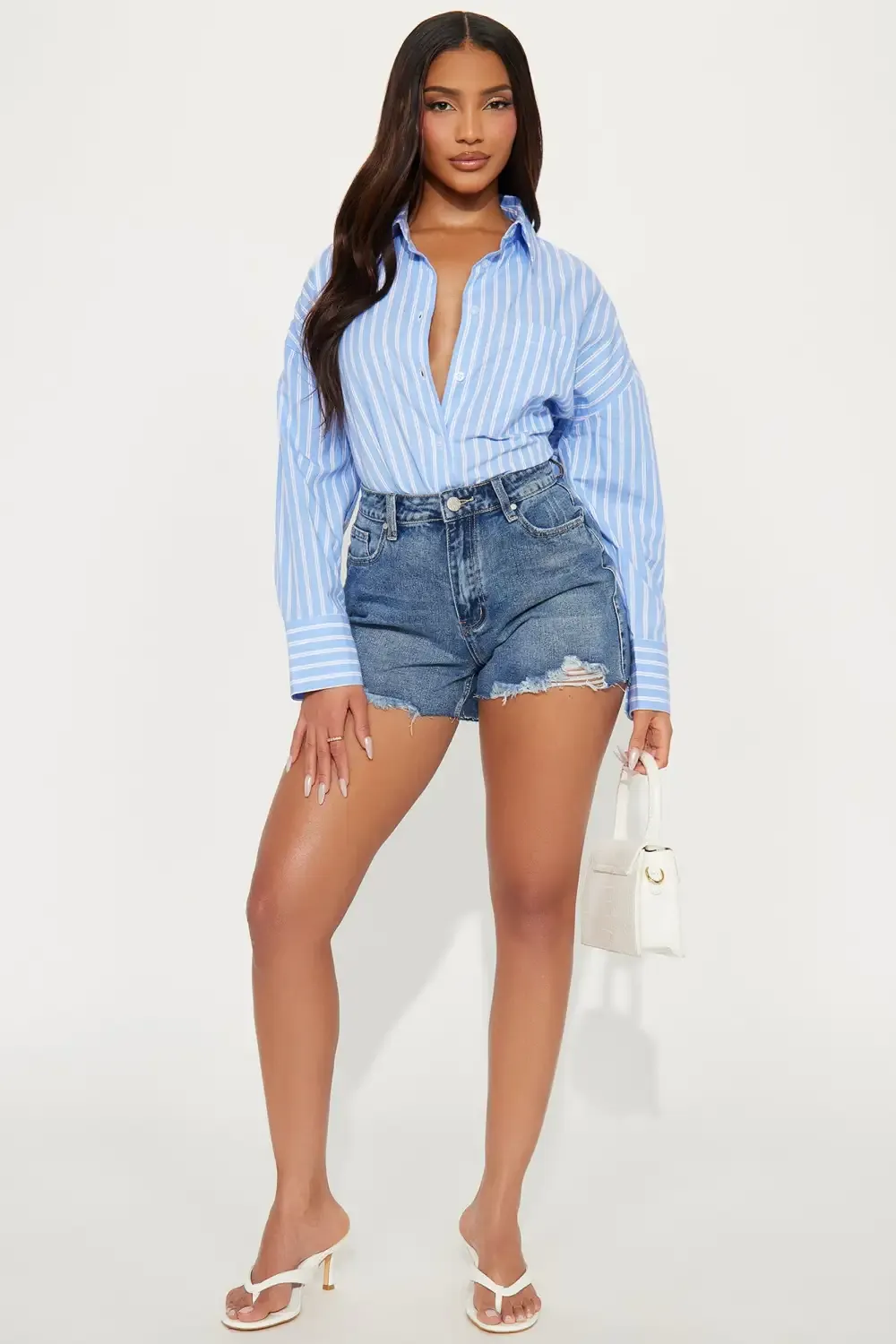 Lana High Rise Ripped Cut Off Denim Shorts - Medium Wash