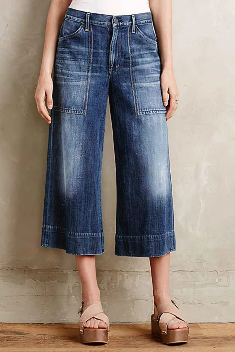 Slant Pocket Mid Waist Wide Leg Crop Jeans