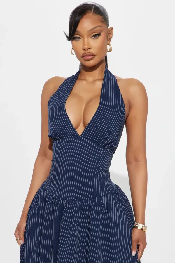 Jayla Pinstripe Halter Maxi Dress - Navy/combo