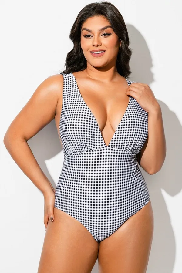 Gingham V-neck Low-cut Leg One Piece Swimsuit