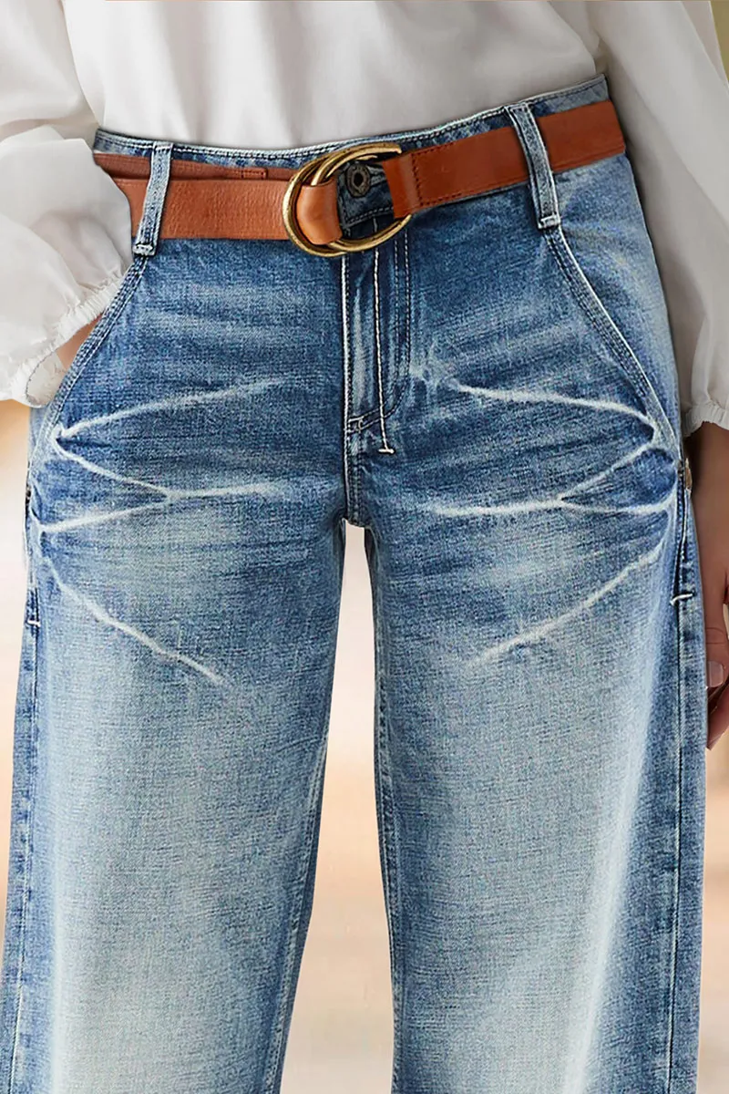 Wash Mid Waist Straight Leg Jeans Without Belt