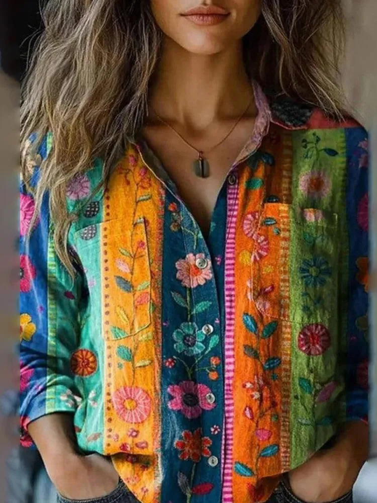 Vintage Striped Floral Print Women's Linen Shirt
