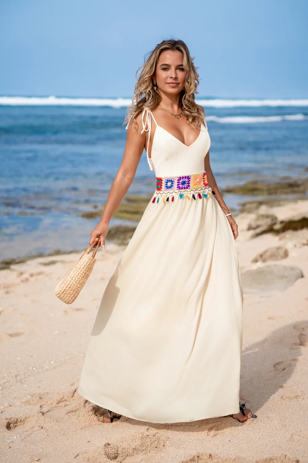Woven Waves Beige Midi Dress