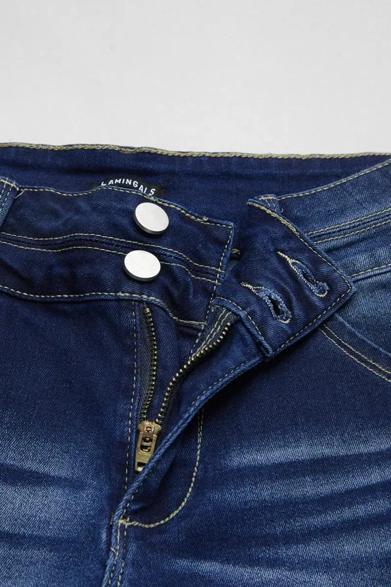 Roll Hem Double Button Mid Rise Capri Jeans