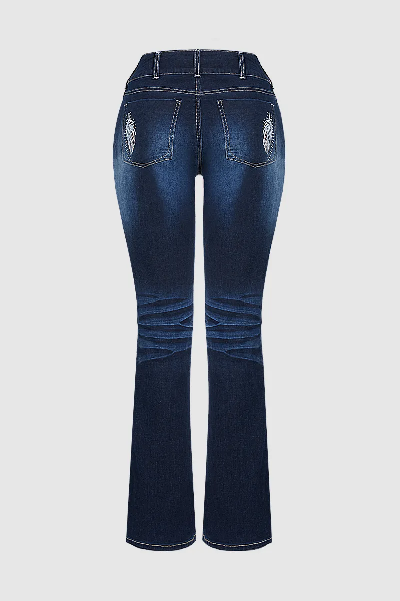 Feather Embroidery Split Hem Mid Waist Bootcut Jeans