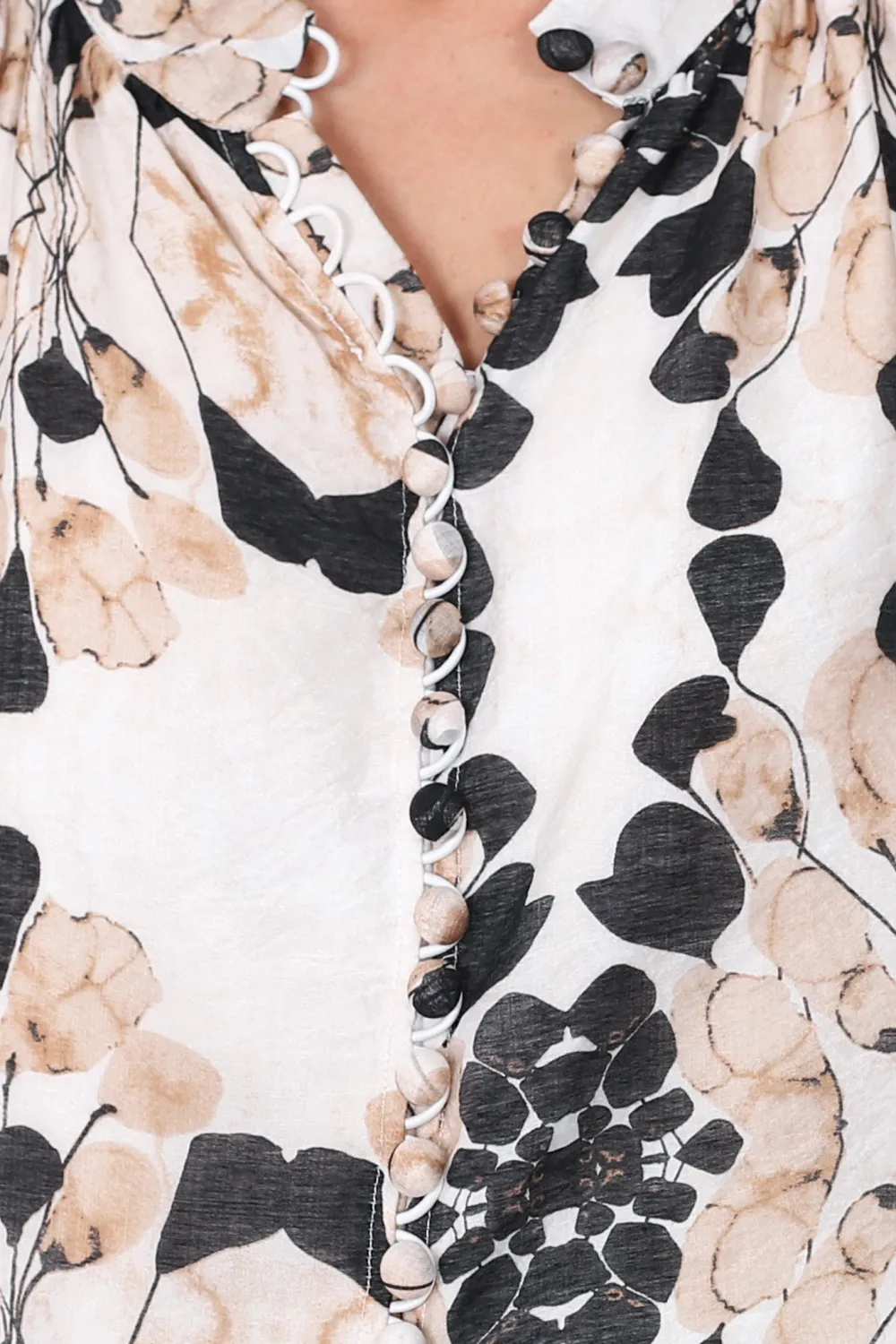 Beige Floral Print Puff Sleeve Blouse