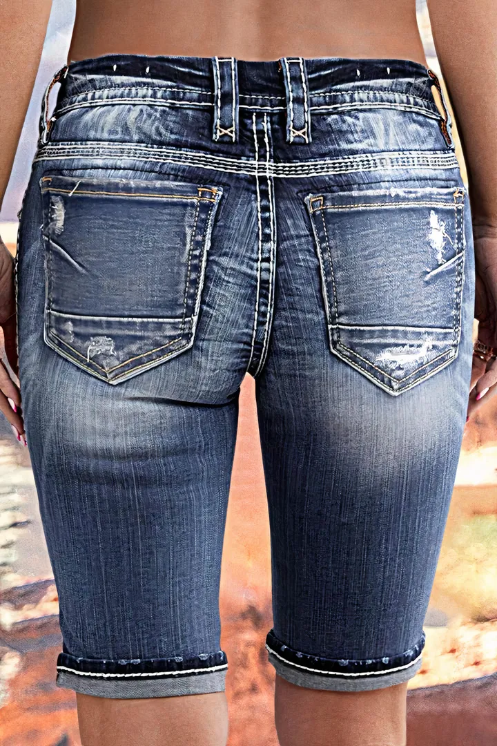 Double Button Ripped Roll Hem Mid Rise Denim Bermuda Shorts