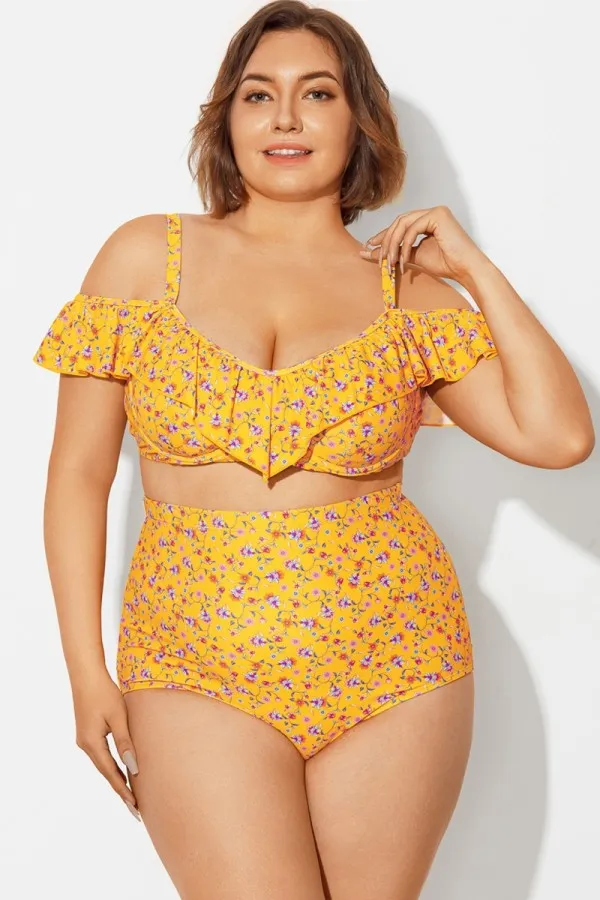 Yellow Floral Ruffled Underwire Women Bikini Top