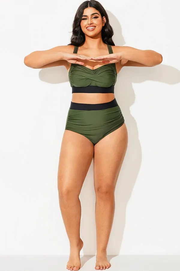 Patchwork Colorblock Gathered High Rise Swim Bottom