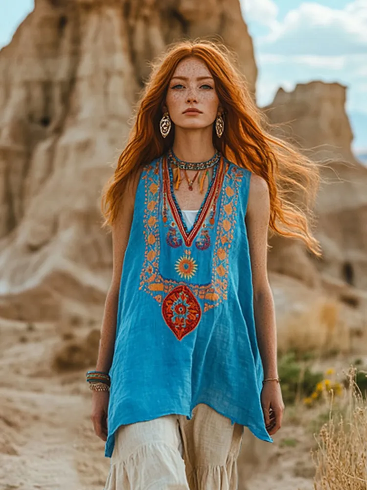 Women's Retro Bohemia Floral Ethnic Style Linen V-neek Sleeveless Top