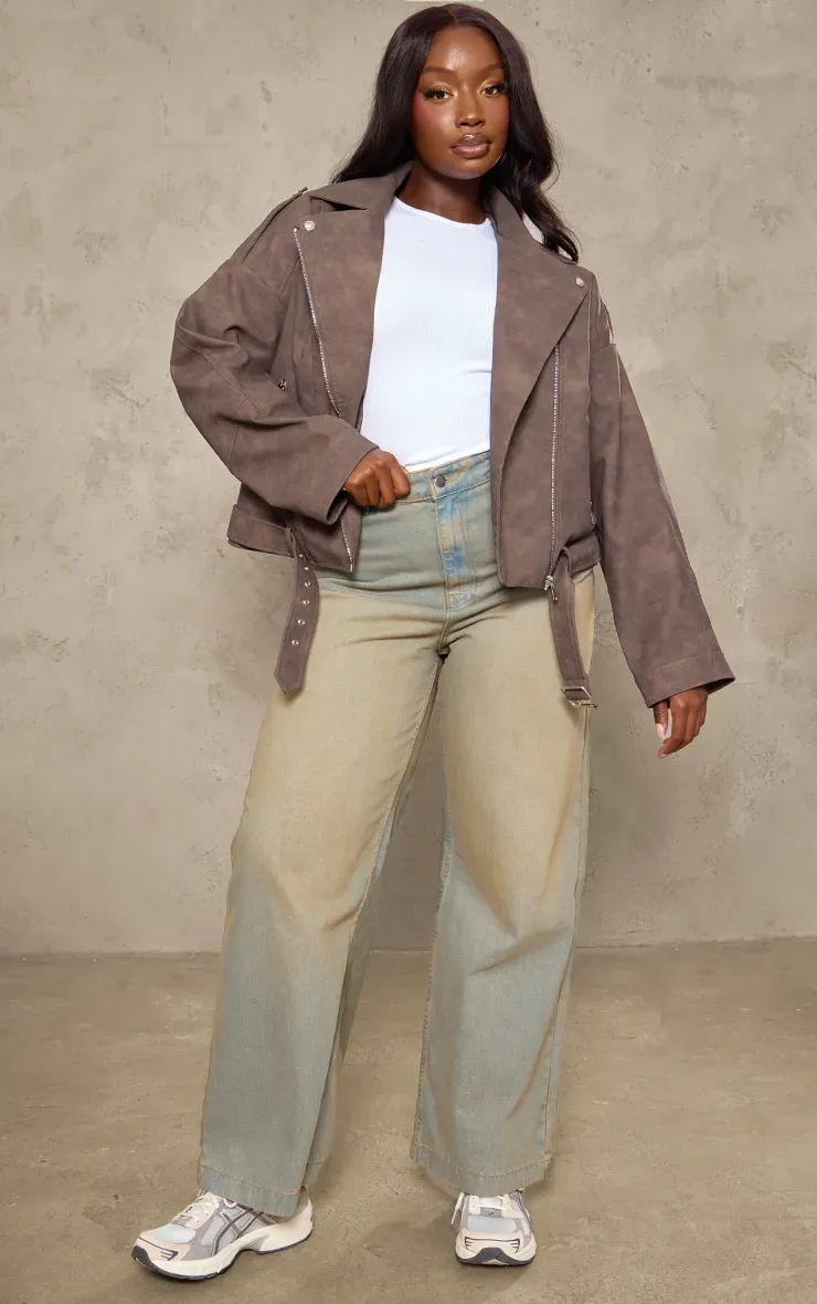 Brown Distressed Soft Faux Leather Oversized Biker Jacket