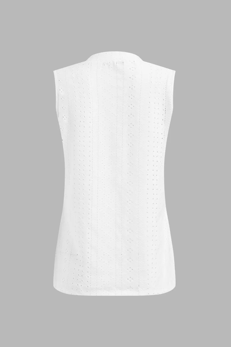 Eyelet Embroidery Flap Decor Half Zip Tank Top