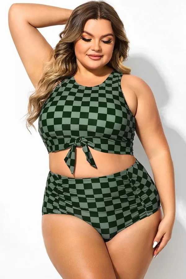Black Grey Check Knotted Crop Bikini Top