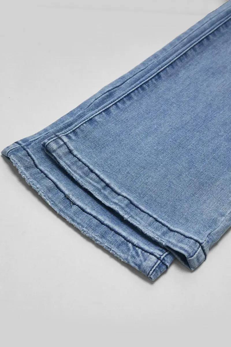 Ripped Roll Hem Double Button Low Waist Straight Leg Jeans