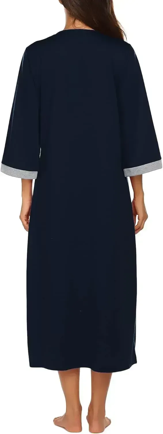 Women Zipper Robe 3/4 Sleeves Loungewear Dress Full Length Sleepwear Pockets Housecoat Nightgown Long Bathrobe