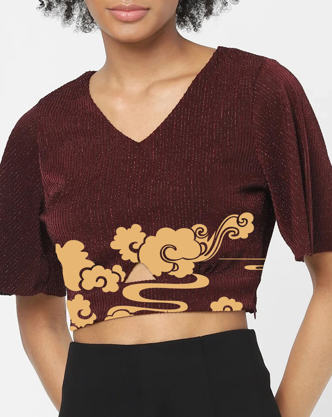 Maroon V Neck Cloud Print Cropped Top