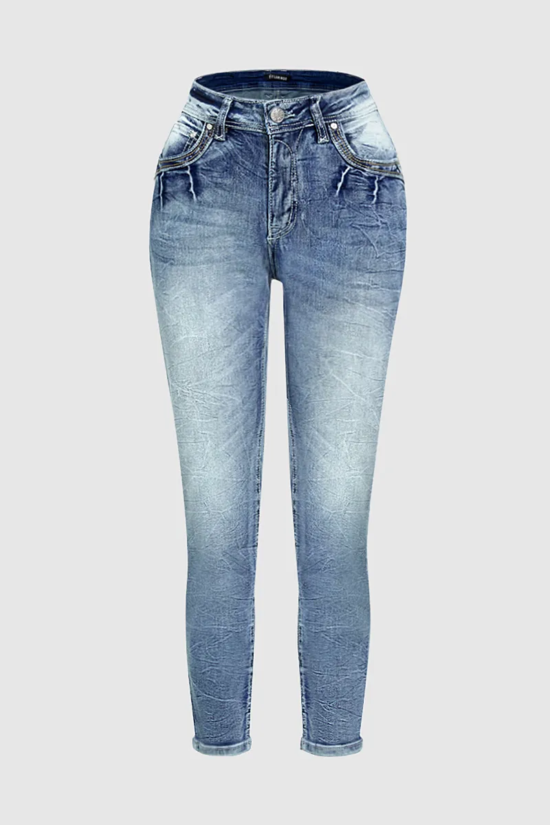 Roll Hem Wash High Stretch Mid Rise Capri Jeans