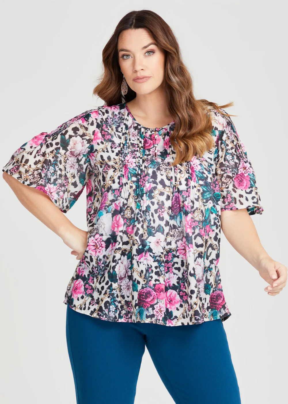 Animal Pintuck Floral Top