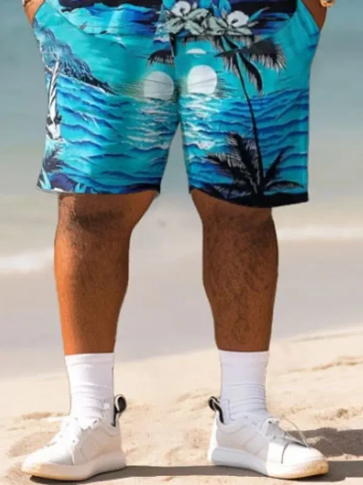Big Guys Hawaiian Seaside Coconut Tree Print Shirt Shorts Set