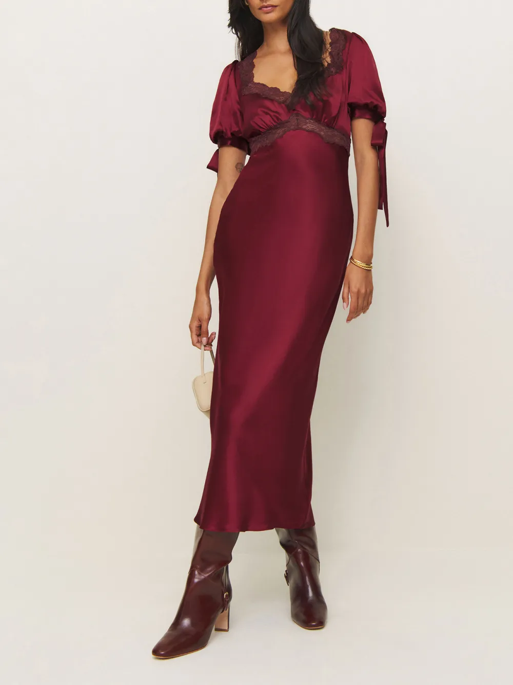 Lace Trimmed Tie Sleeve Silk Midi Dress