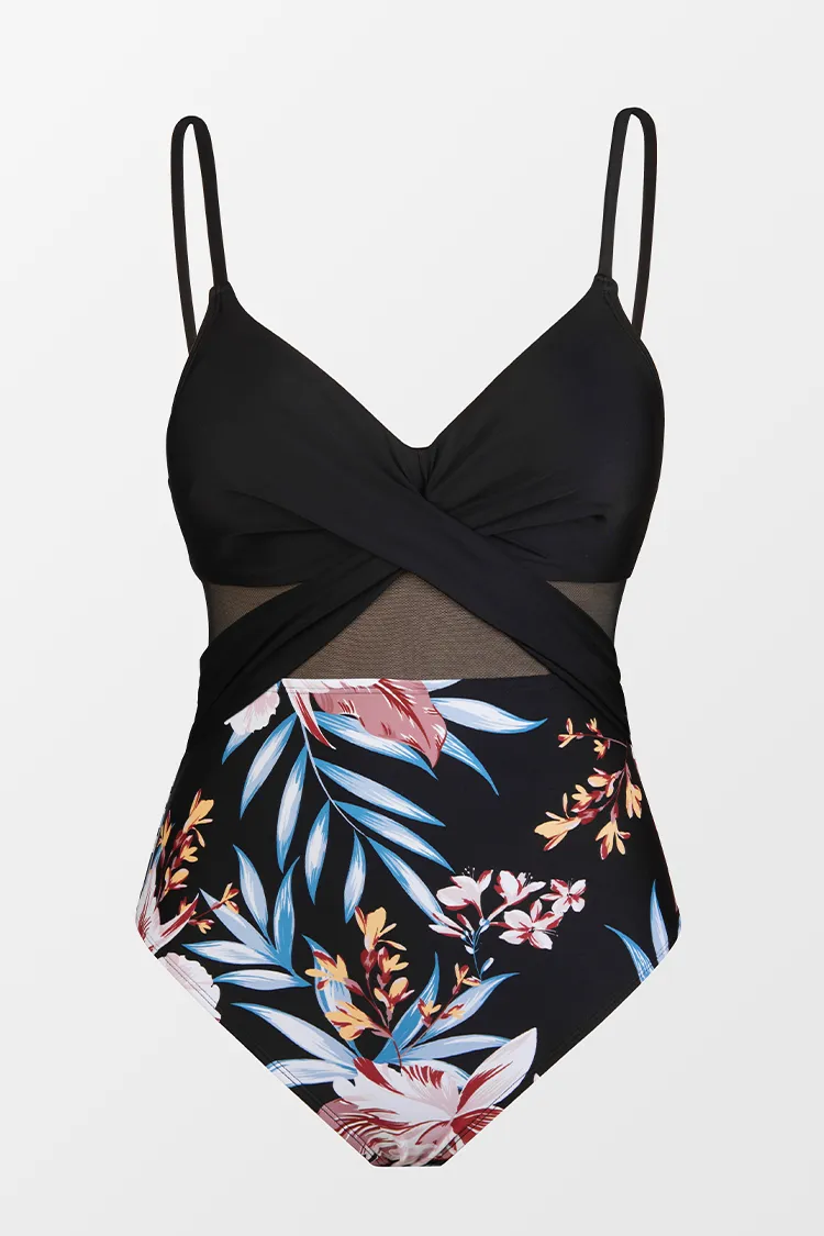 Solid Mesh Wrap Front Cutout Black One Piece Swimsuit