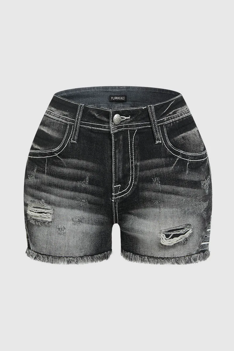 Star & Striped Embroidered Ripped Raw Hem Denim Shorts