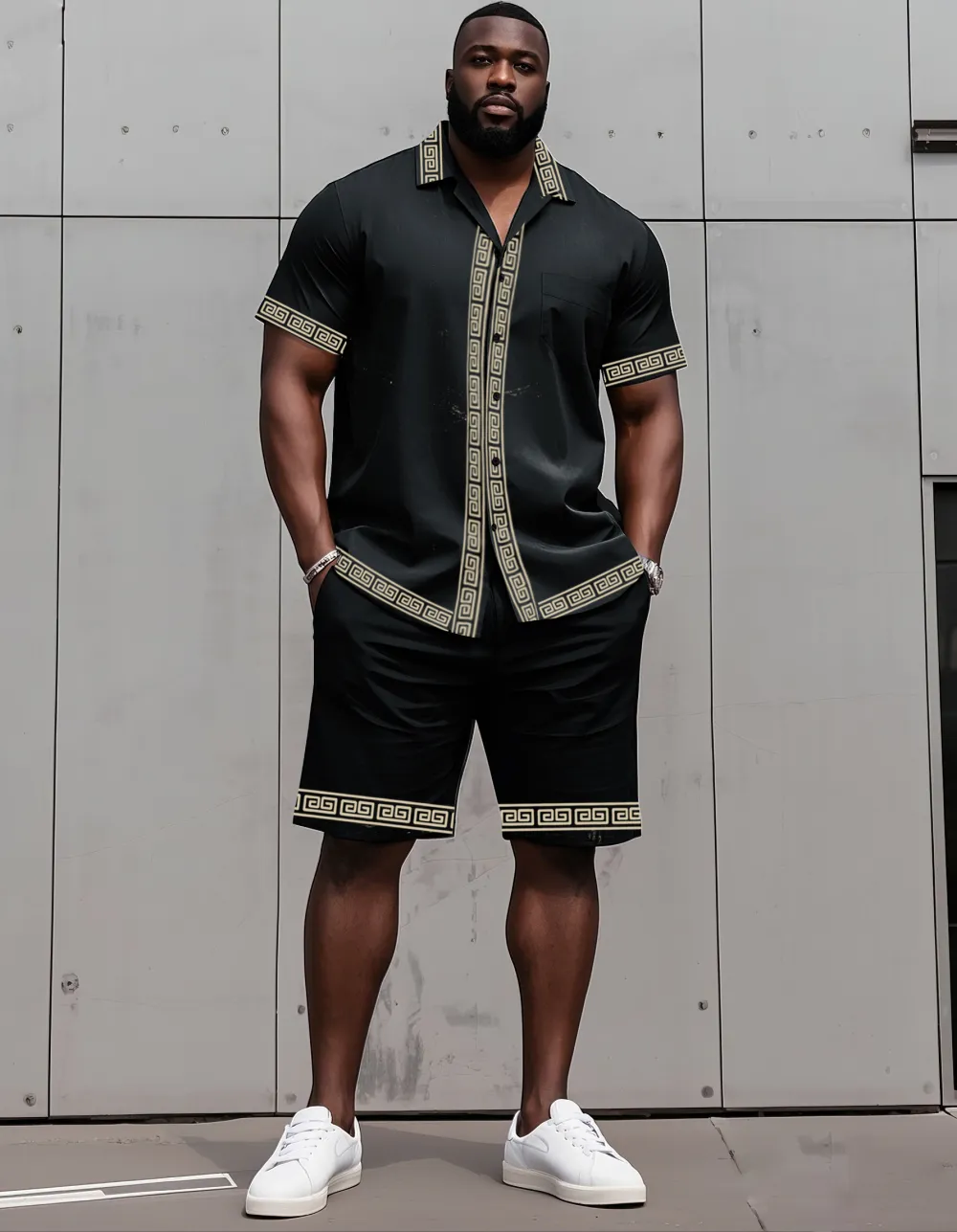 Big Man'S Retro Daily Casual Edge Color Block Printing Short Sleeve Shirt Shorts Suit
