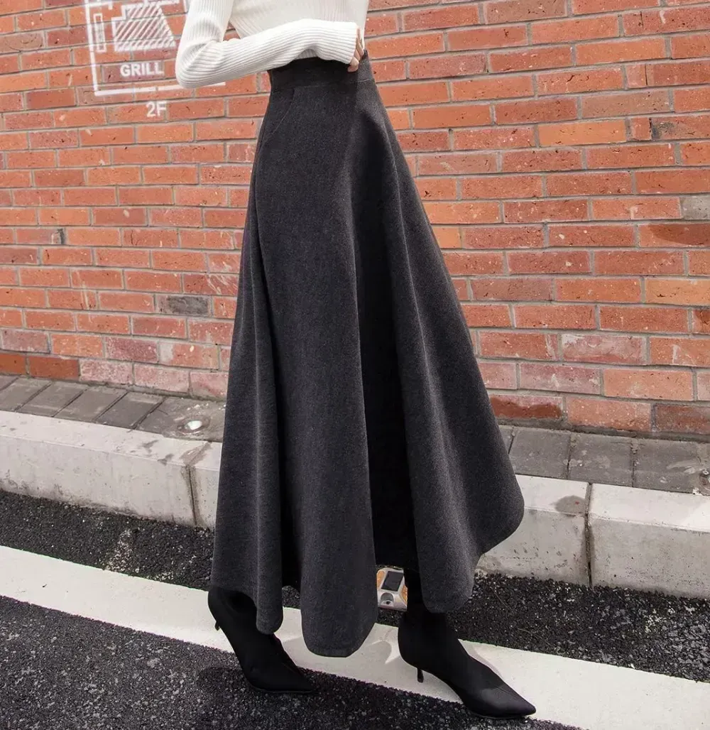 Women's Winter Elegant Warm Long Skirt Wool Maxi Skirts Elastic Waist A-Line High Waist Plaid Pleated Skirt S-3XL