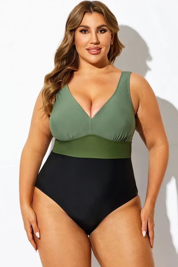 Green Colorblock V-Neck One Piece Swimsuit