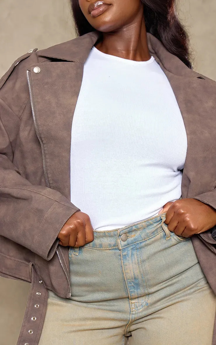 Brown Distressed Soft Faux Leather Oversized Biker Jacket