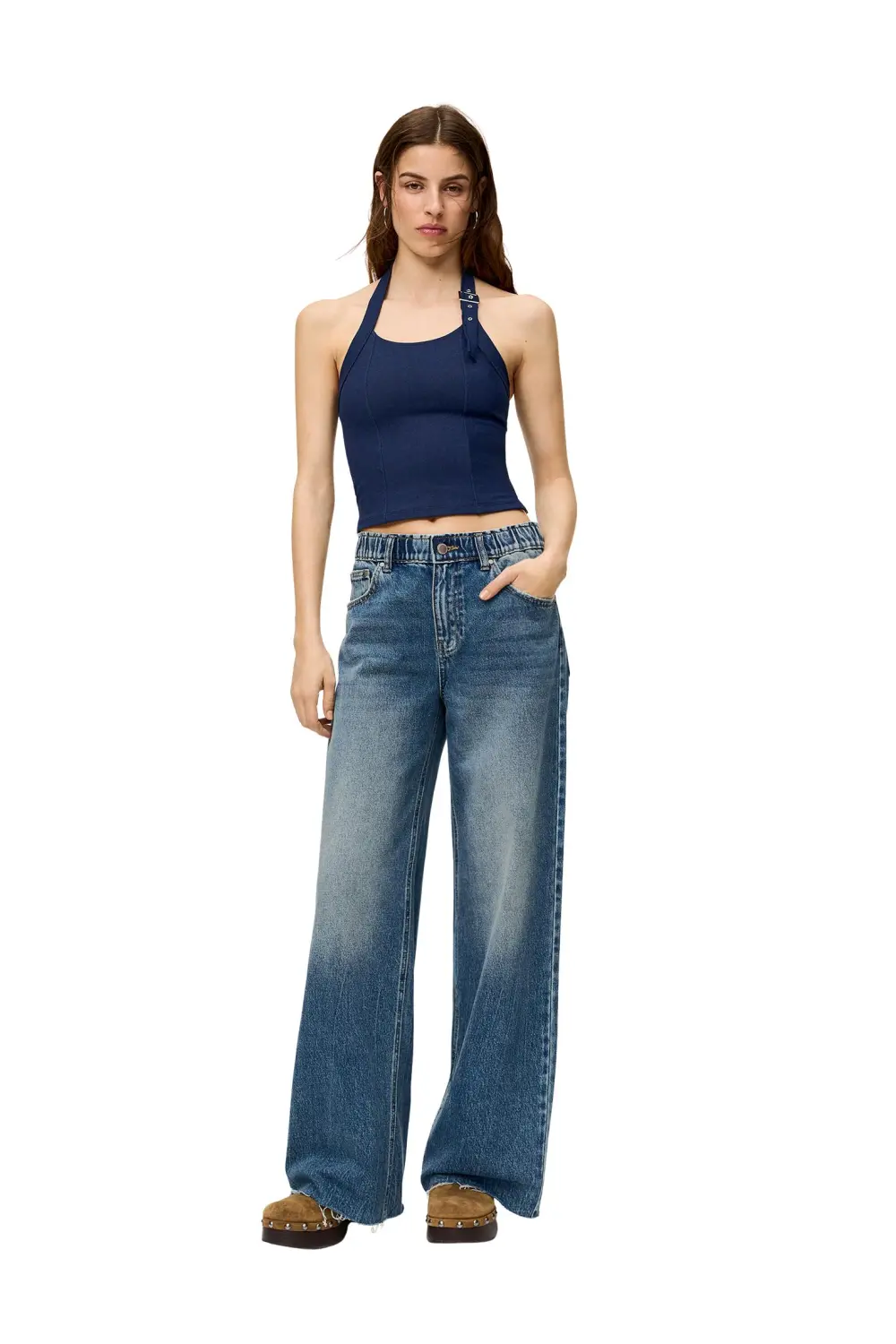 Jeans baggy wide leg cintura elástica