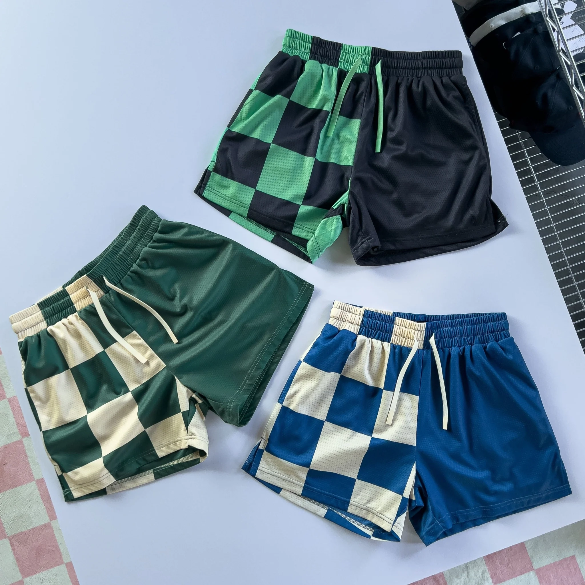 MUAY THAI SHORTS (MID THIGH CUT) CHECKER - BLUE / CREAM