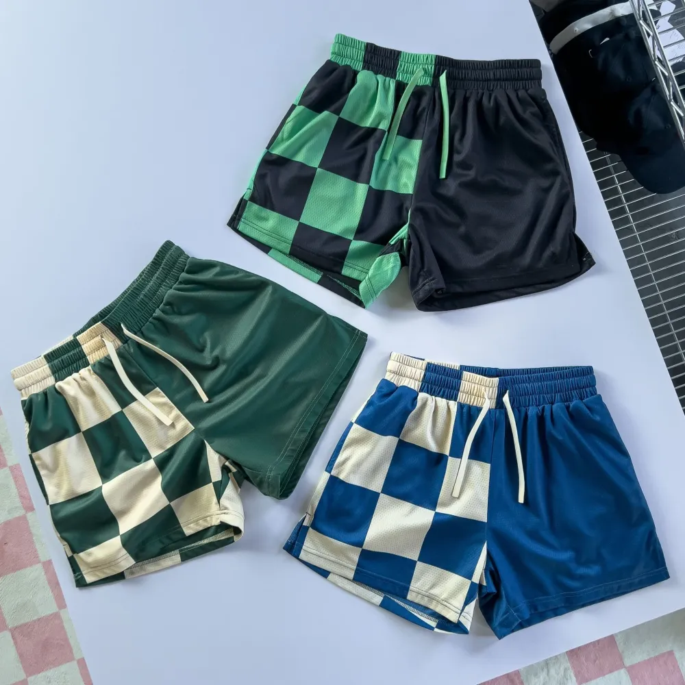 MUAY THAI SHORTS (MID THIGH CUT) CHECKER - BLUE / CREAM