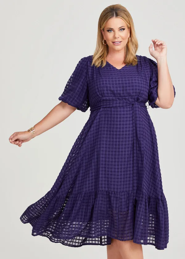Windowpane Chiffon Midi Dress